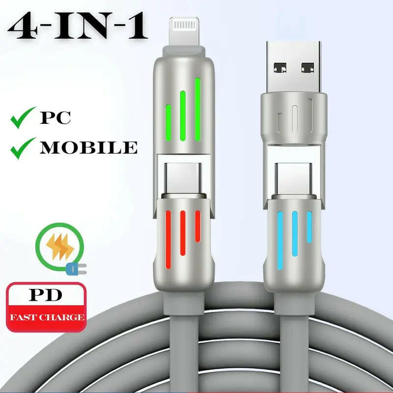 LWW 240W 4-In-1 USB C Cable, 4Ft, USB a + TYPE C + Lightning, Multi-Functional Aluminum Alloy, Compatible with Iphone 15/14, Phone, Ipad Pro