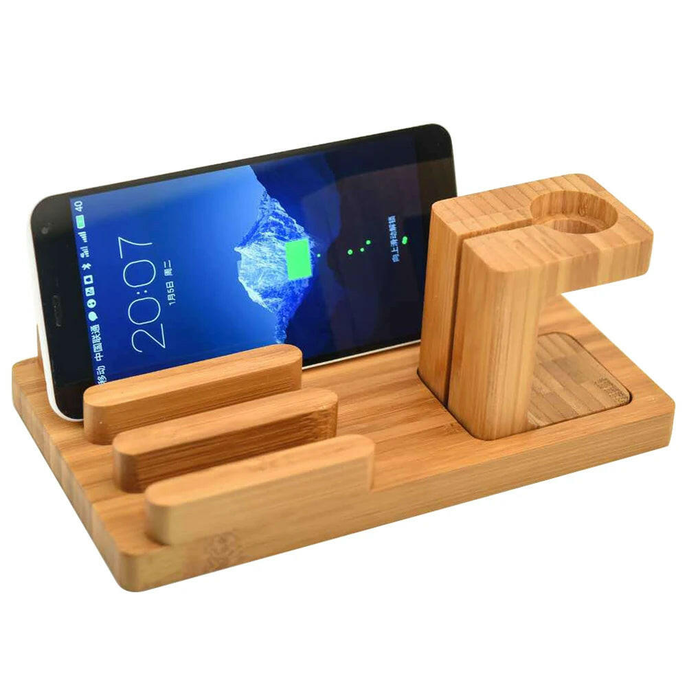 USB Charging Station for Apple Watch and Mobile Devices - Bamboo Docking Stand for iPhone, iPad, iPod, Samsung, and Xiaomi