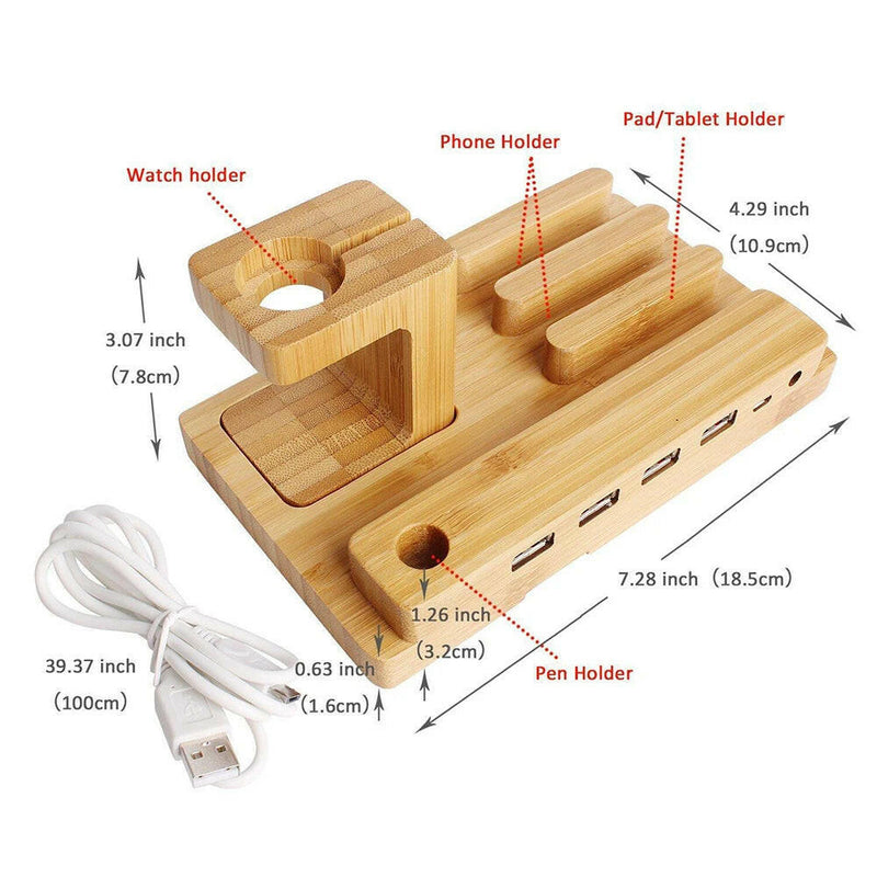 USB Charging Station for Apple Watch and Mobile Devices - Bamboo Docking Stand for iPhone, iPad, iPod, Samsung, and Xiaomi