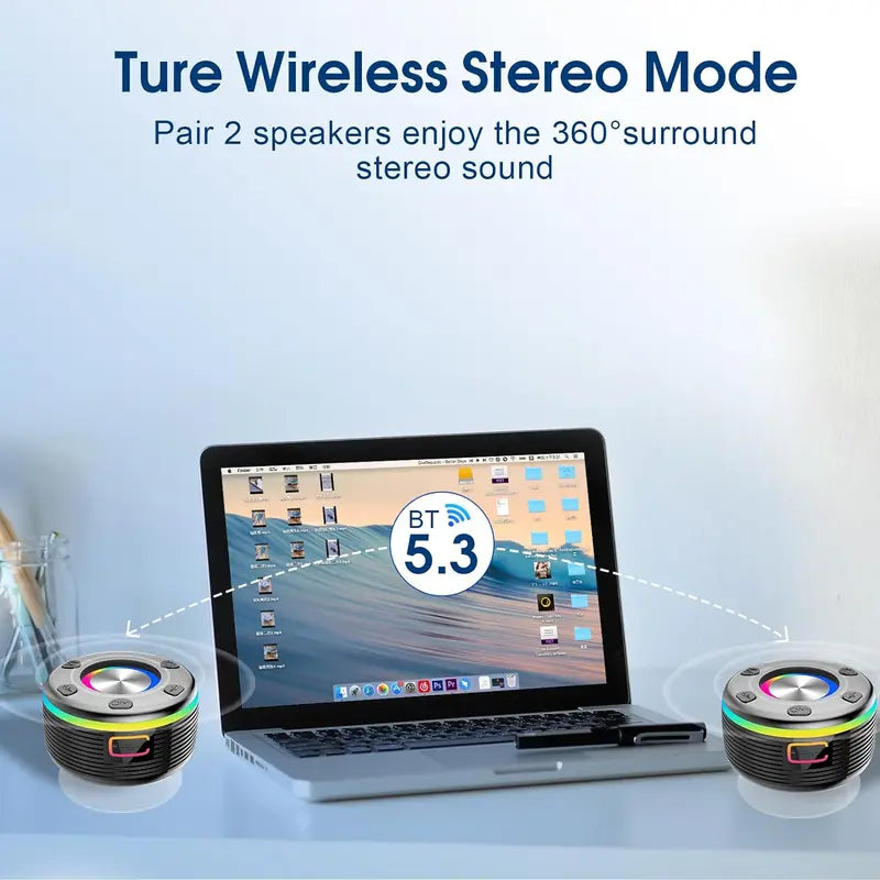 WHATOOK Portable Bluetooth Speaker 360°HD Sound，Ipx7 Waterproof，Stereo Sound, 24H Playtime,Rgb Lights，Dual Pairing，Bluetooth 5.3，FM Radio, Perfect for Kayak, Beach，Travel，Party，Shower，Outdoor，Gifts