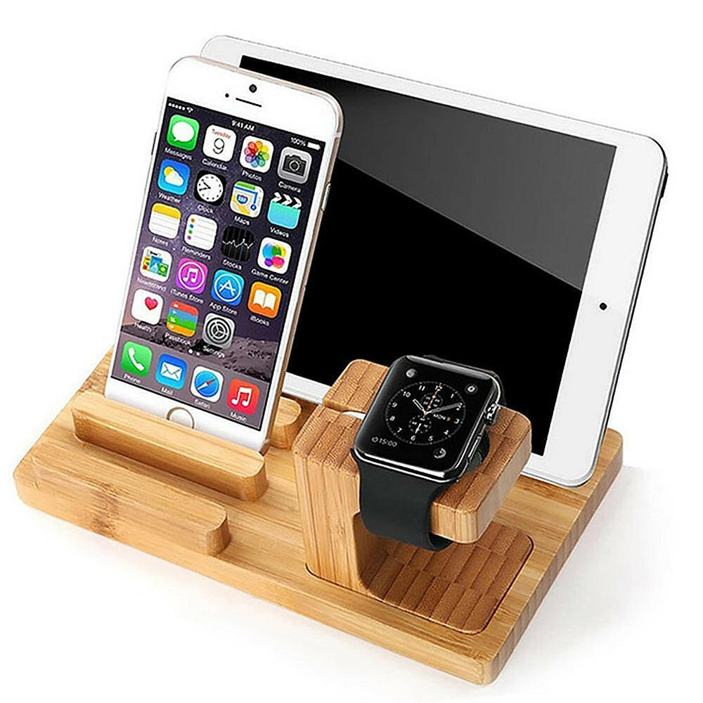 USB Charging Station for Apple Watch and Mobile Devices - Bamboo Docking Stand for iPhone, iPad, iPod, Samsung, and Xiaomi