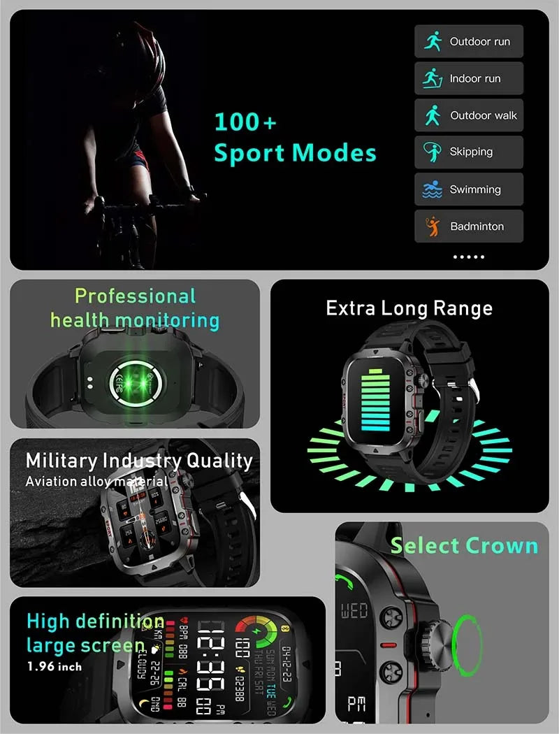 New design Men's smartwatch Rugged Military Bluetooth Talk Sports Heart Rate IP68 Waterproof outdoor smartwatch Android IOS