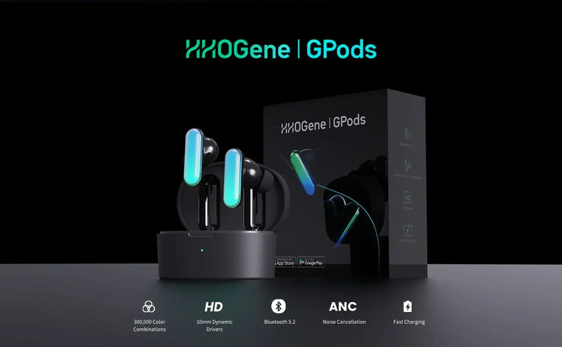 New HHOGene GPods With Light Control TWS Wireless Earbuds ANC Full RGB LEDs IPX4 Bluetooth 5.2 Headphones USB-C World Premiere