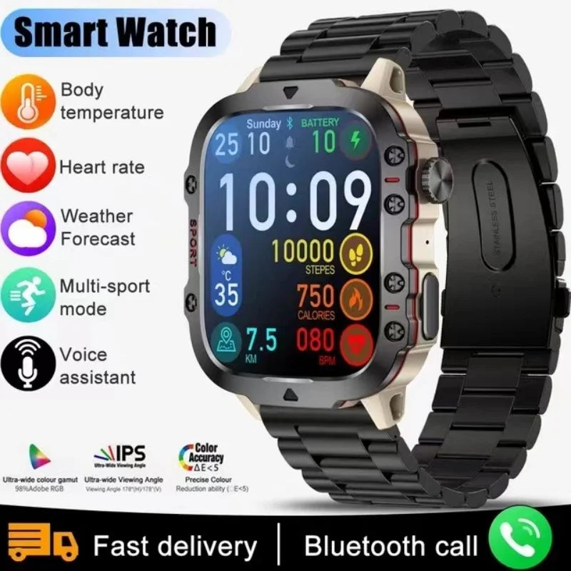 New design Men's smartwatch Rugged Military Bluetooth Talk Sports Heart Rate IP68 Waterproof outdoor smartwatch Android IOS