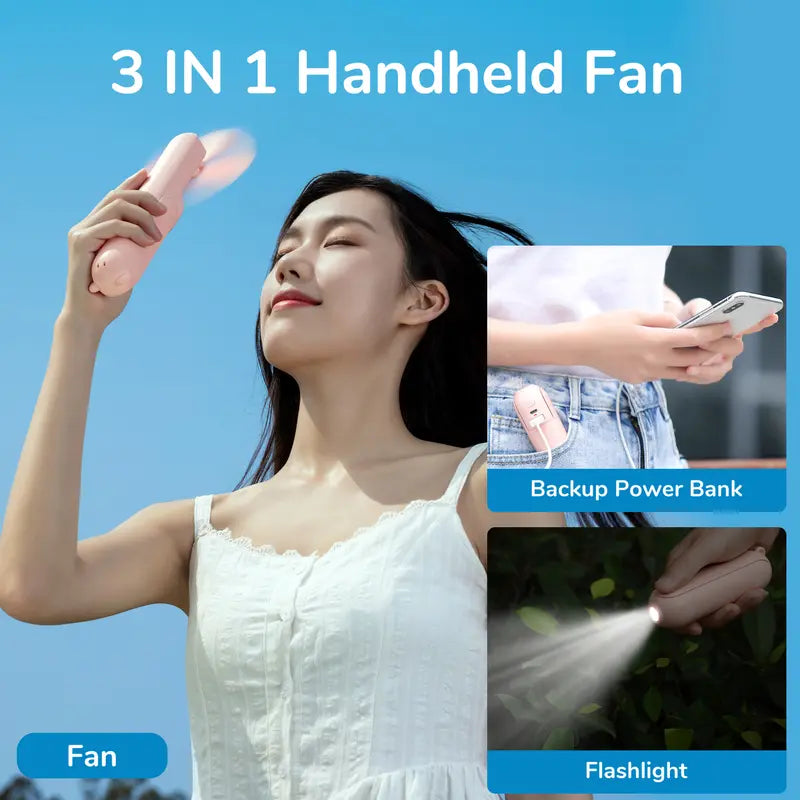 JISULIFE Handheld Mini Fan,3 in 1 Portable USB Rechargeable 2000Mah [14-21 Working Hours] with Power Bank,Flashlight for Travel/Eyelash,Birthday Gifts for Women/Mom/Her/Girl