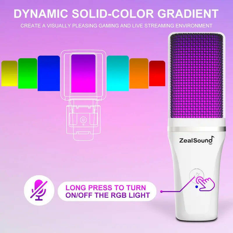 Zealsound USB Powered Microphone, RGB Microphone with One-Click Mute & Monitoring, Suitable for Phone, PC, Computer, PS4, PS5, MAC, Streaming, Podcast