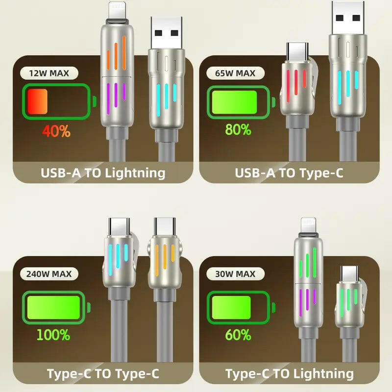 LWW 240W 4-In-1 USB C Cable, 4Ft, USB a + TYPE C + Lightning, Multi-Functional Aluminum Alloy, Compatible with Iphone 15/14, Phone, Ipad Pro