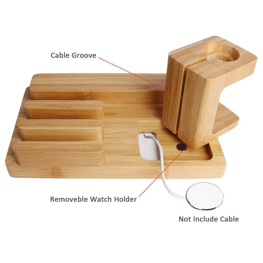 USB Charging Station for Apple Watch and Mobile Devices - Bamboo Docking Stand for iPhone, iPad, iPod, Samsung, and Xiaomi